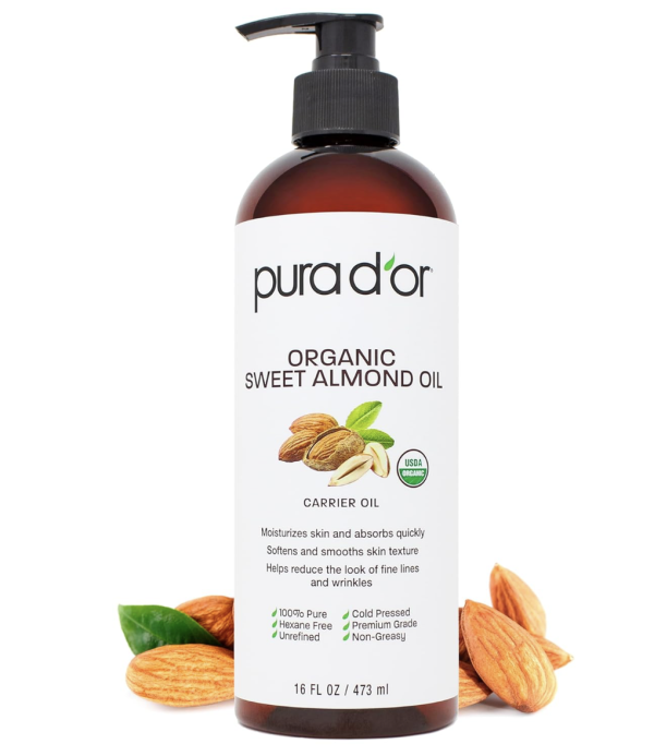 PURA D'OR 16 Oz ORGANIC Sweet Almond Oil - 100% Pure & Natural USDA Certified Cold Pressed Carrier Oil For DIY Beauty - Non-Greasy, Unscented, Hexane Free Moisturizer - Massage Oil For Hair & Skin